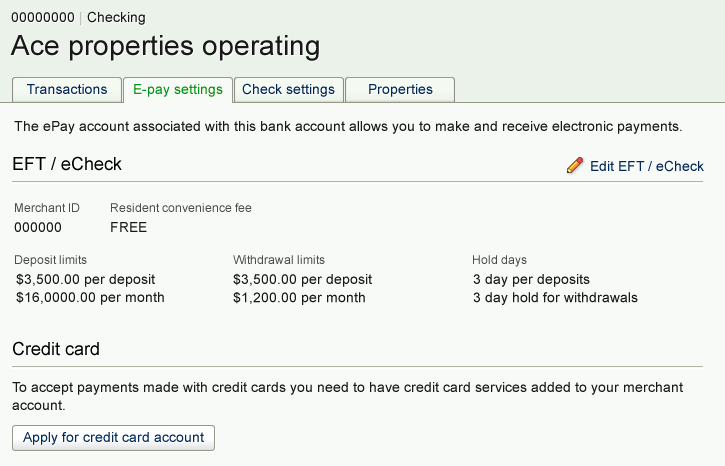 Apply for an ACHDirect credit card account from the "E-pay settings" tab of a bank account.