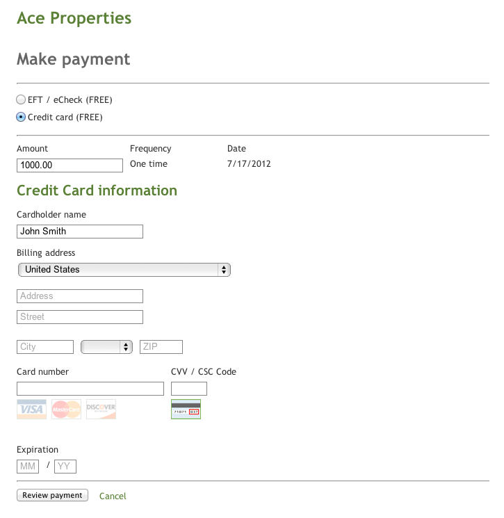 "Make Payment" page for residents now allows for credit card payments