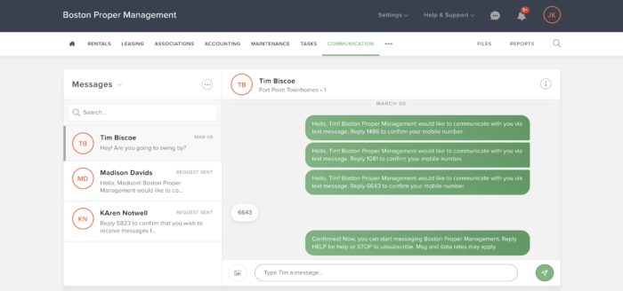 Sending text messages through Buildium.