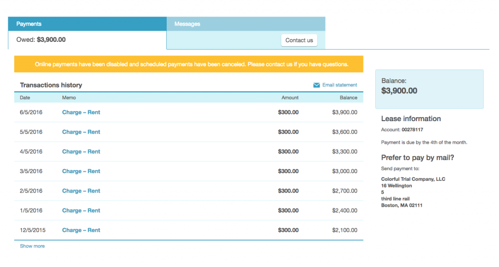 online payments disabled eviction