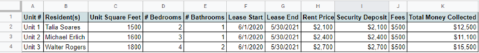 Rent roll example #1 for property managers.