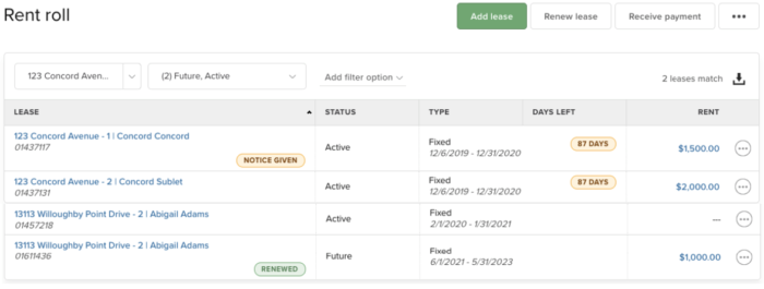 Buildium's Rent Roll section
